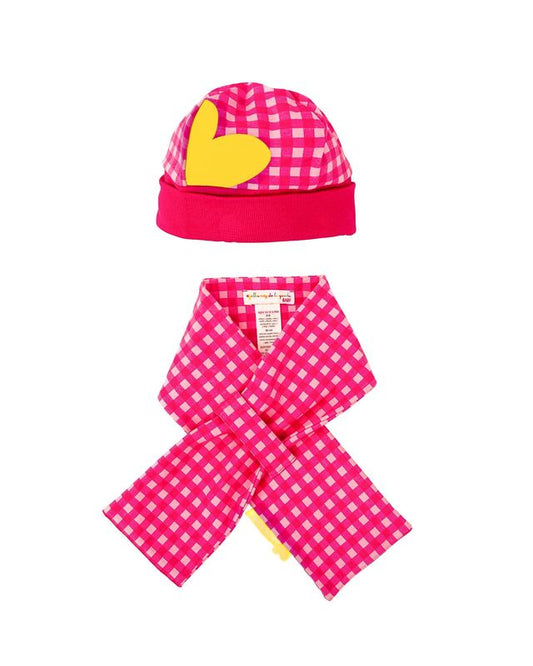 Agatha pink feria gingham hat and scarf set
